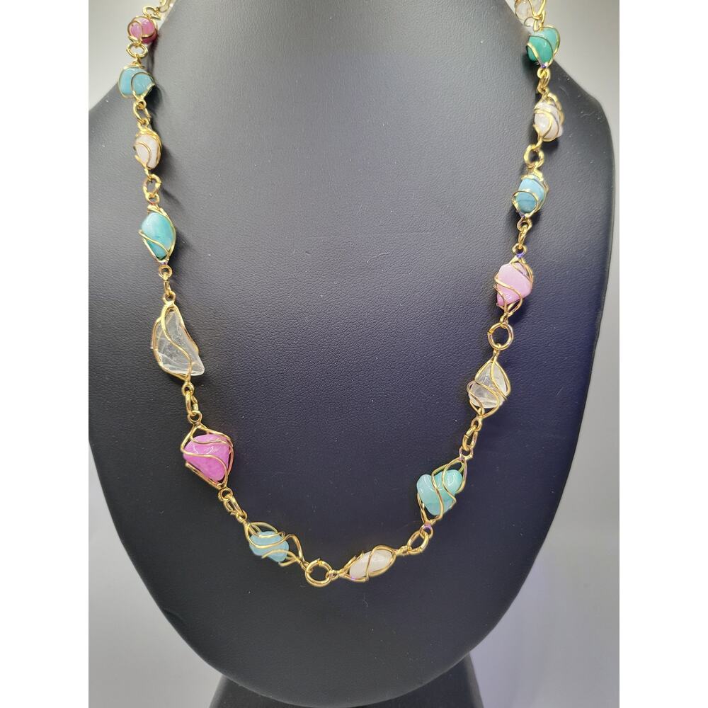 Boho Wire Wrapped Quartz Necklace Pink Green Stones Gold Tone